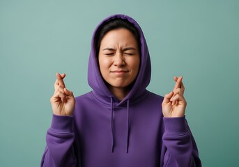 Woman crossing fingers for good luck with closed eyes, wearing a purple hoodie