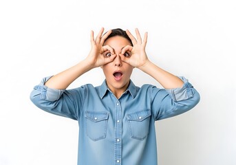 Woman makes binoculars with hands, looking surprised.