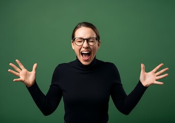 Woman screaming with her hands up against a green background