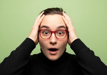 Shocked person with hands on head and wide eyes wearing glasses
