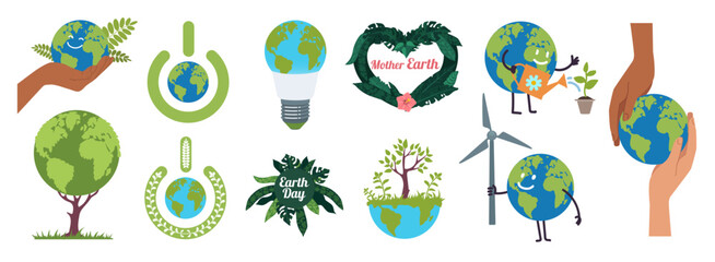 Earth Day. Protect environment, save the planet. World illustration, environmental banner. Ecology of recycling, renewable energy. Forest globe. ECO nature map cartoon flat style isolated set © Natalia