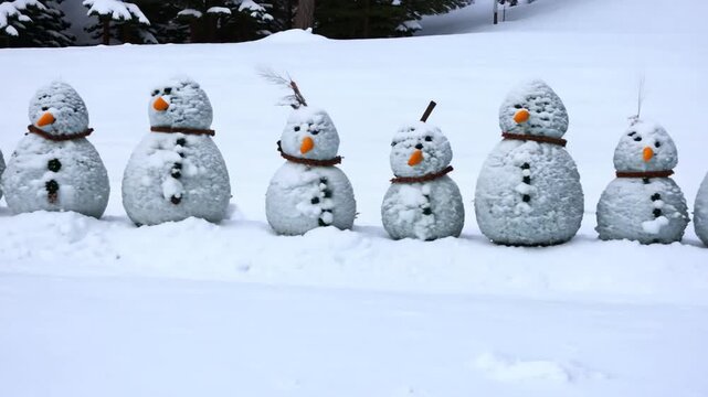 A charming array of small, handmade snowmen stands motionless in a snowy field bordered by evergreen trees, creating a delightful winter holiday scene.