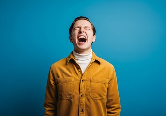 Man screaming in yellow shirt against blue backdrop