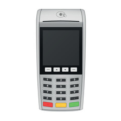 Payment terminal device for card transactions set on a white background for digital payment solutions and retail use