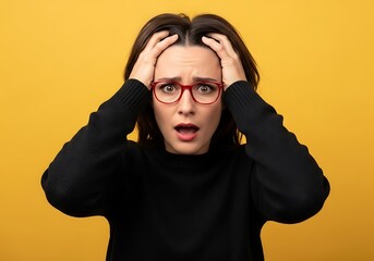 Woman with hands on head expressing shock and distress