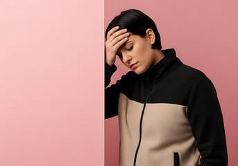 Woman with hand on forehead against a pink background