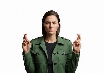 Woman crossing fingers for good luck with closed eyes
