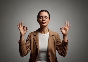 Businesswoman meditating with eyes closed and hands in a mudra gesture.