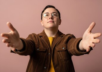 Person with outstretched arms offering a hug or greeting against a pink background.