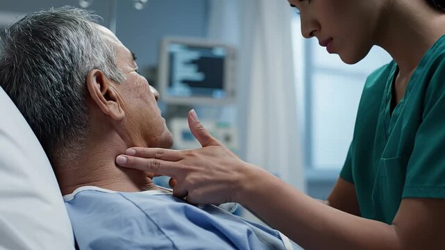 Professional medical nurse checking carotid pulse vital sign of elderly asian male patient lying in hospital bed