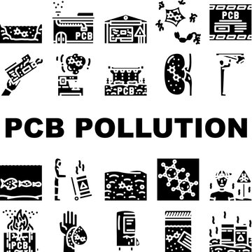 Polychlorinated biphenyls pollution icon set presenting various environmental hazards from industrial waste, contaminated water, toxic chemicals, and health risks to humans and animals