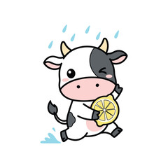 Cute cartoon cow running with lemon holding spoon in summer rain splash illustration