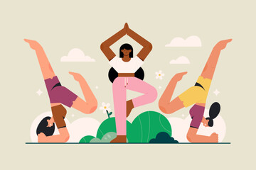Women fitness training scenes composition flat illustration