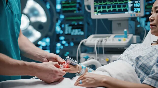 Medical professional attaching pulse oximeter to patient hand during vital signs monitoring in modern intensive care unit