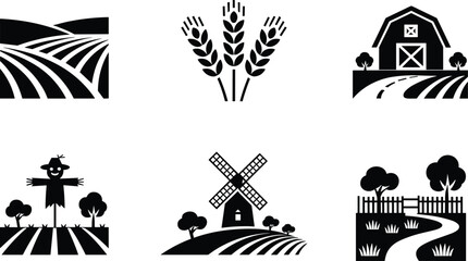 Fototapeta premium Cartoon silhouette icon set of six rural farming scenes including barn, wheat, scarecrow, windmill, and agricultural landscape.
