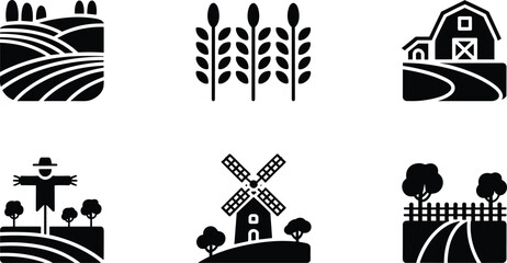 Cartoon silhouette icon set of six rural landscape scenes including barn, wheat, scarecrow, windmill, trees, and farmland. © Shirina