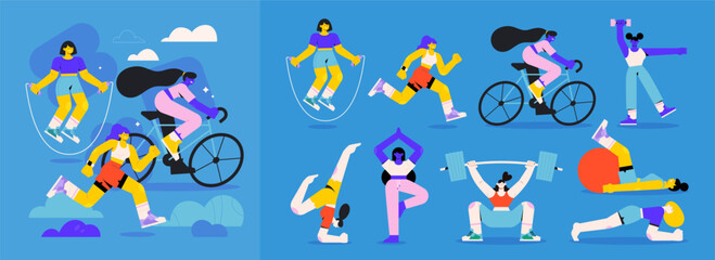 Women fitness icons and activities flat illustration