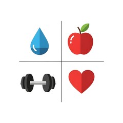 A graphic illustration of healthy lifestyle choices including water, fruit, exercise, and heart health