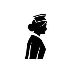 A silhouette of a nurse in profile against a white background