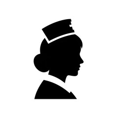 A black silhouette of a nurse's profile against a white background