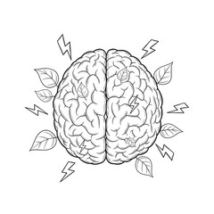 A detailed illustration of a brain with lightning bolts and leaves