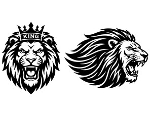 Obraz premium Black and white illustration of a roaring lion head, Detailed Lion Head Illustration in Black and White, a lion head roaring with its mouth open in a simple look a logo silhouette vector illustration