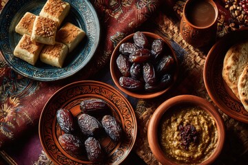 Fototapeta premium Iftar table spread with traditional foods, ready for breaking fast