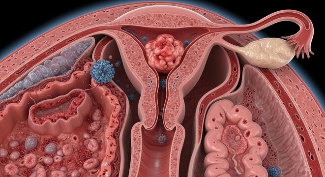Medical illustration showing a cross section of the female reproductive system with a uterine fibroid and viruses