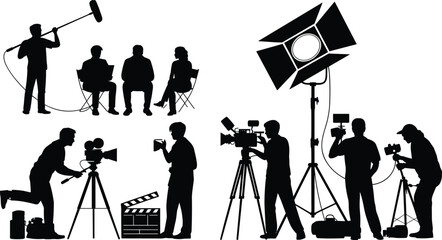 Cartoon silhouette illustration of film production set with crew, cameras, boom mic, clapperboard, studio lights, and seated actors. © Shirina