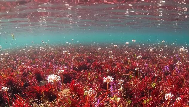 Macarenia clavigera (Rhyncholacis clavigera) bursts into bloom when sunlight reach the bottom of riverbed, Ca&ntilde;o Cristales, Colombia.
