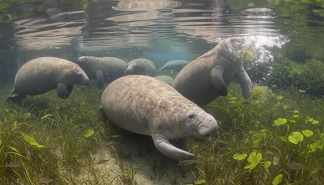 Manatees (Trichechus inunguis) graze on an abundance of freshwater plants in rivers, North America.
