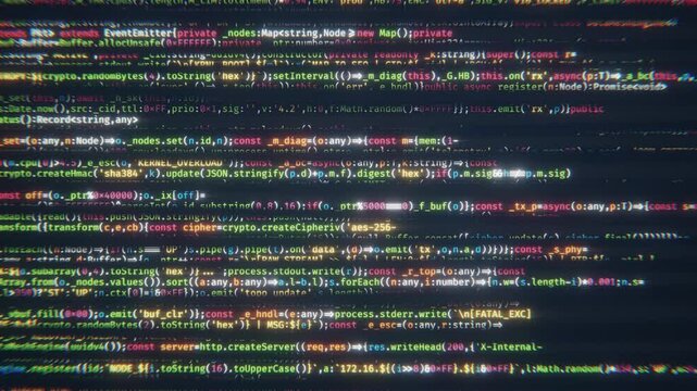Endless stream of programming code scrolling on a dark screen with glitch effects
