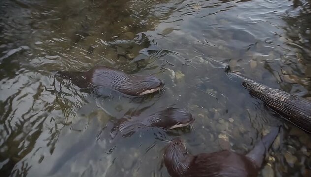Otters (Lontra provocax) searching for food in rivers, North America.
