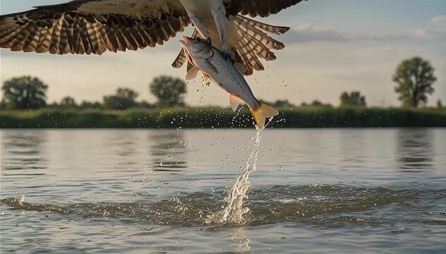 Slow motion of the osprey (Pandion haliaetus) hunting a fish, Tisza River, Hungary.