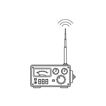 Simple line art illustration depicting a vintage two-way radio transceiver unit featuring an analog meter display, digital readouts, control knobs, and an extended transmission antenna sending out rad