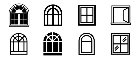 A collection of eight diverse black and white iconography illustrations representing various styles of windows with multiple panes and arched tops.