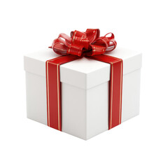 Obraz premium A beautifully wrapped white gift box with a red ribbon and bow on a black background