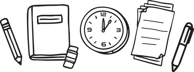 Hand Drawn Office and Study Supplies Icons Set in Black and White