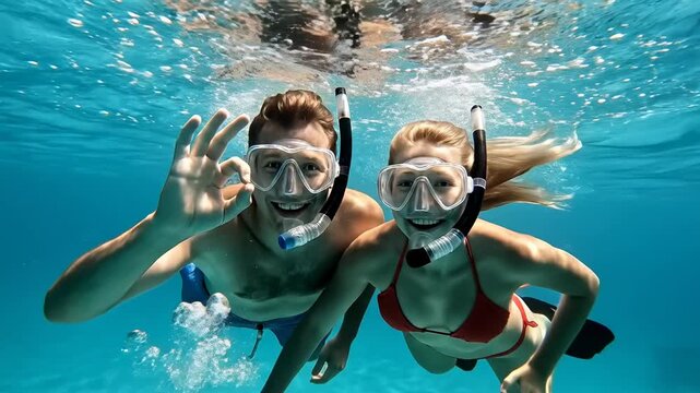 Happy couple wearing snorkeling masks enjoying their tropical vacation, exploring the vibrant underwater world on a bright sunny day, with the man giving an 'OK' sign while swimming in the clear ocean