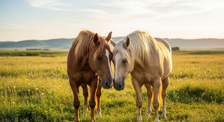 Two Majestic Horses with Golden Manes Embrace in a Serene Sunlit Meadow