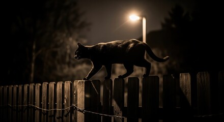 Black Cat Silhouette Walking on Fence at Night Under Streetlight Glow