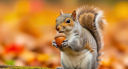 Adorable Squirrel Holding Acorn Among Colorful Autumn Leaves in Natural Setting