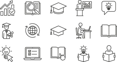 Education learning and business training line icon set with analytics teaching online study and idea symbols © V Stock