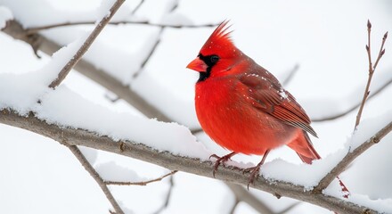 Vibrant Red Cardinal Perched on Snow-Covered Branch in Winter Wonderland Setting