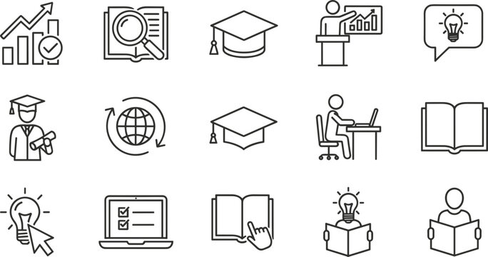 Education learning and business training line icon set with analytics teaching online study and idea symbols