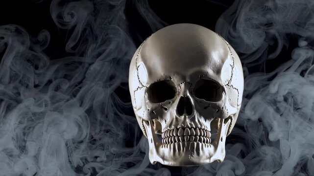 Realistic human skull surrounded by swirling smoke on dark background
