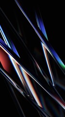 Abstract iridescent glass lines on a black background, vertical 3d render