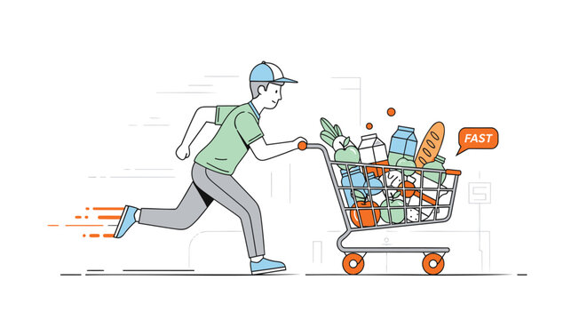 Man rushing with an overfilled shopping cart for fast grocery delivery