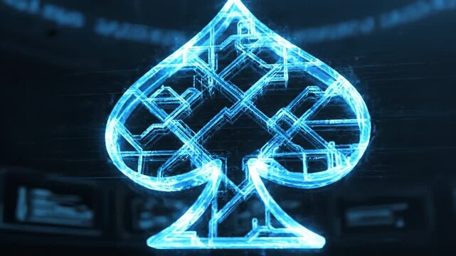 Neon spade symbol digital icon glowing spade shape cyber blue futuristic card sign holographic design virtual poker emblem luminous casino art techno playing card abstract hologram futuristic