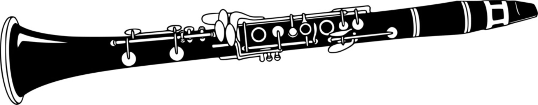 Clarinet silhouette. This image shows a black clarinet outline, a woodwind musical instrument. Vector clipart illustration design.